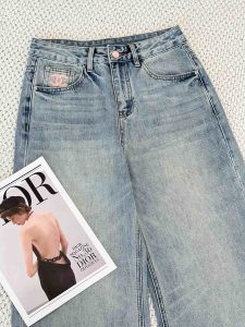 頂級設計香奈兒CHANEL高仿刺繡牛仔褲寬鬆褲子淺藍色直筒 女款