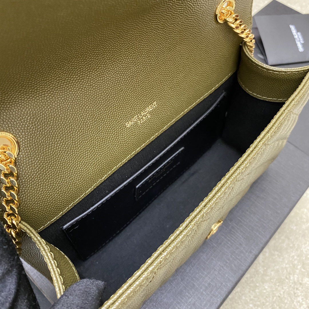 高仿YSL聖羅蘭包包 Envelope粒面絎縫皮革小型信封袋 橄欖綠色球紋/金扣