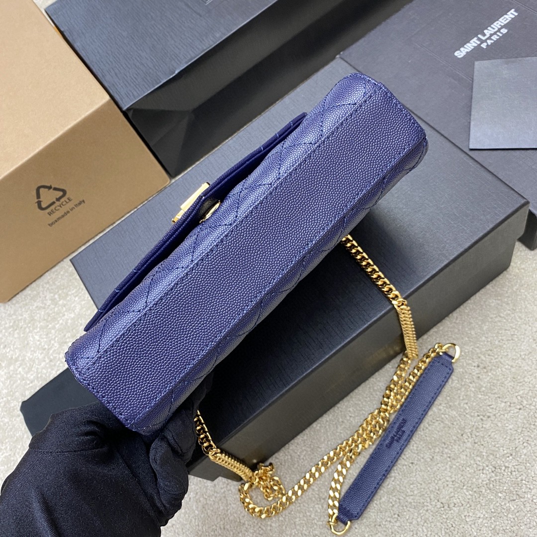 高仿YSL聖羅蘭包包 Envelope粒面絎縫皮革小型信封袋 藍色球紋/金扣