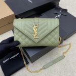 高仿YSL聖羅蘭包包 Envelope粒面絎縫皮革小型信封袋 牛油果綠色球紋/金扣