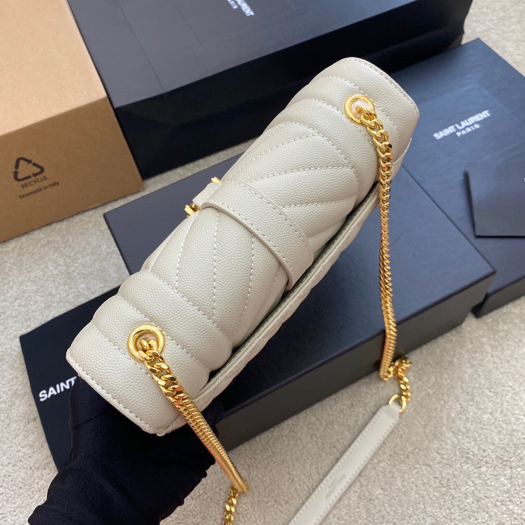 高仿YSL聖羅蘭包包 Envelope粒面絎縫皮革小型信封袋 奶白色球紋/金扣