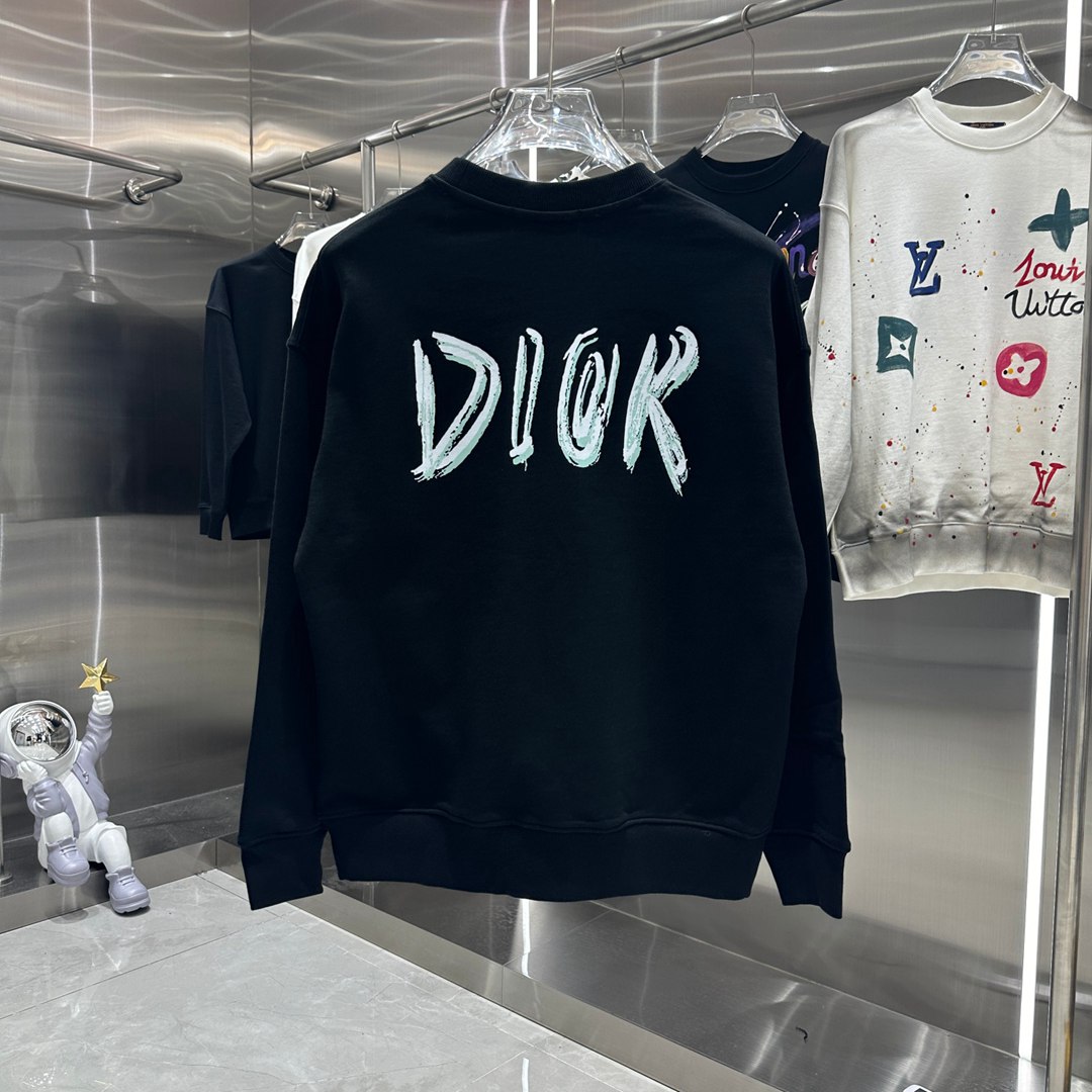 DIOR頂級原單時尚秋冬新品男女同款圓領印花運動衫 黑色衛衣