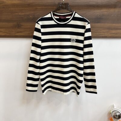 頂級復刻高仿衣服Gucci男士條紋長袖T恤秋冬新品純棉打底衫
