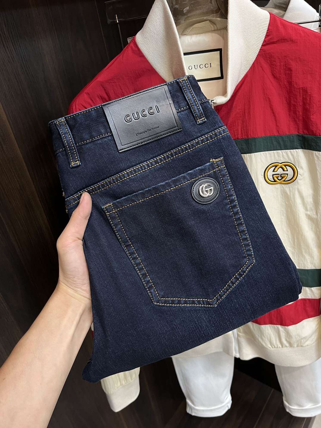 Gucci頂級奢侈品秋冬新款褲子牛仔褲深藍色高仿褲子