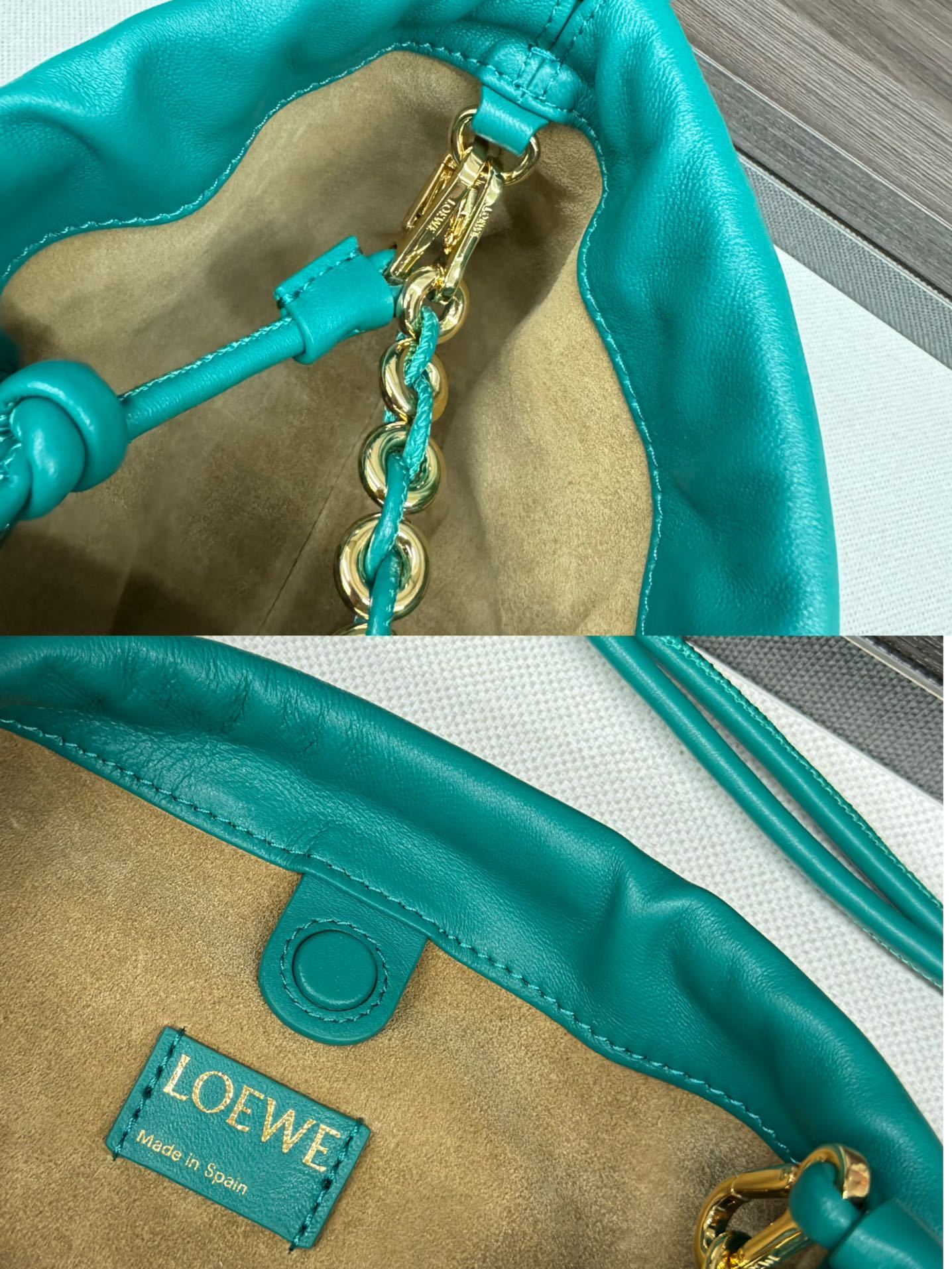 高仿loewe羅意威包包 中號柔軟納帕羊皮革 Flamenco Purse 手拿包 翡翠綠