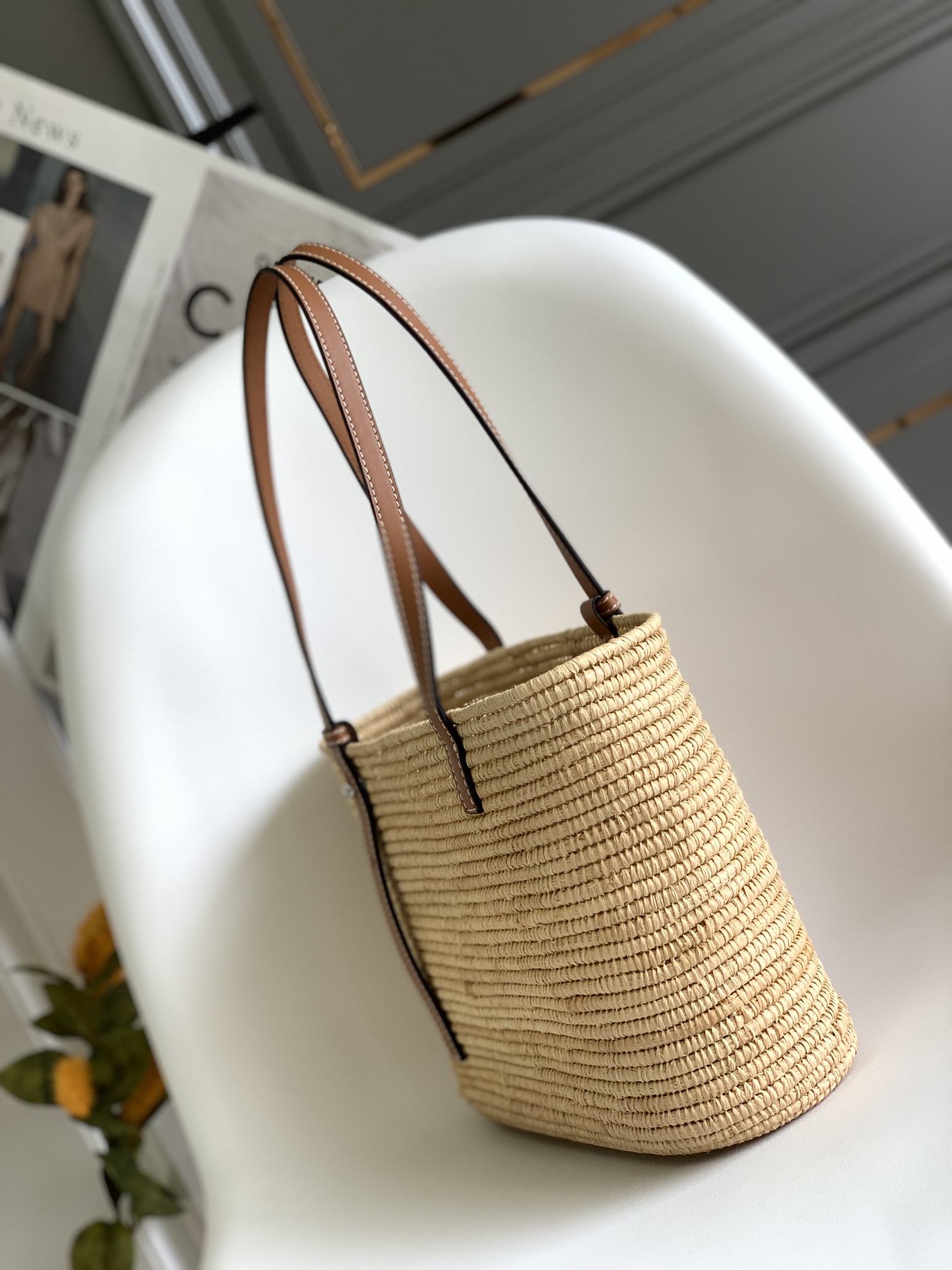 超A貨loewe羅意威包包 拉菲草和牛皮革 Square Basket 手袋 棕色