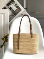 超A貨loewe羅意威包包 拉菲草和牛皮革 Square Basket 手袋 棕色