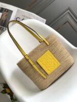 超A貨loewe羅意威包包 拉菲草和牛皮革 Square Basket 手袋 黃色