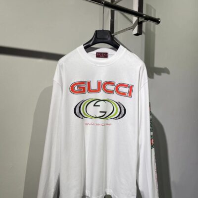 Gucci頂級復刻奢侈品多種元素純棉一比一長袖T恤  白色