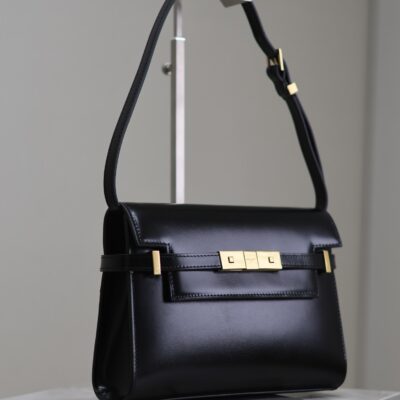 高仿YSL聖羅蘭包包 Manhattan漆皮小型肩背袋 SAINT LAURENT 黑色金扣