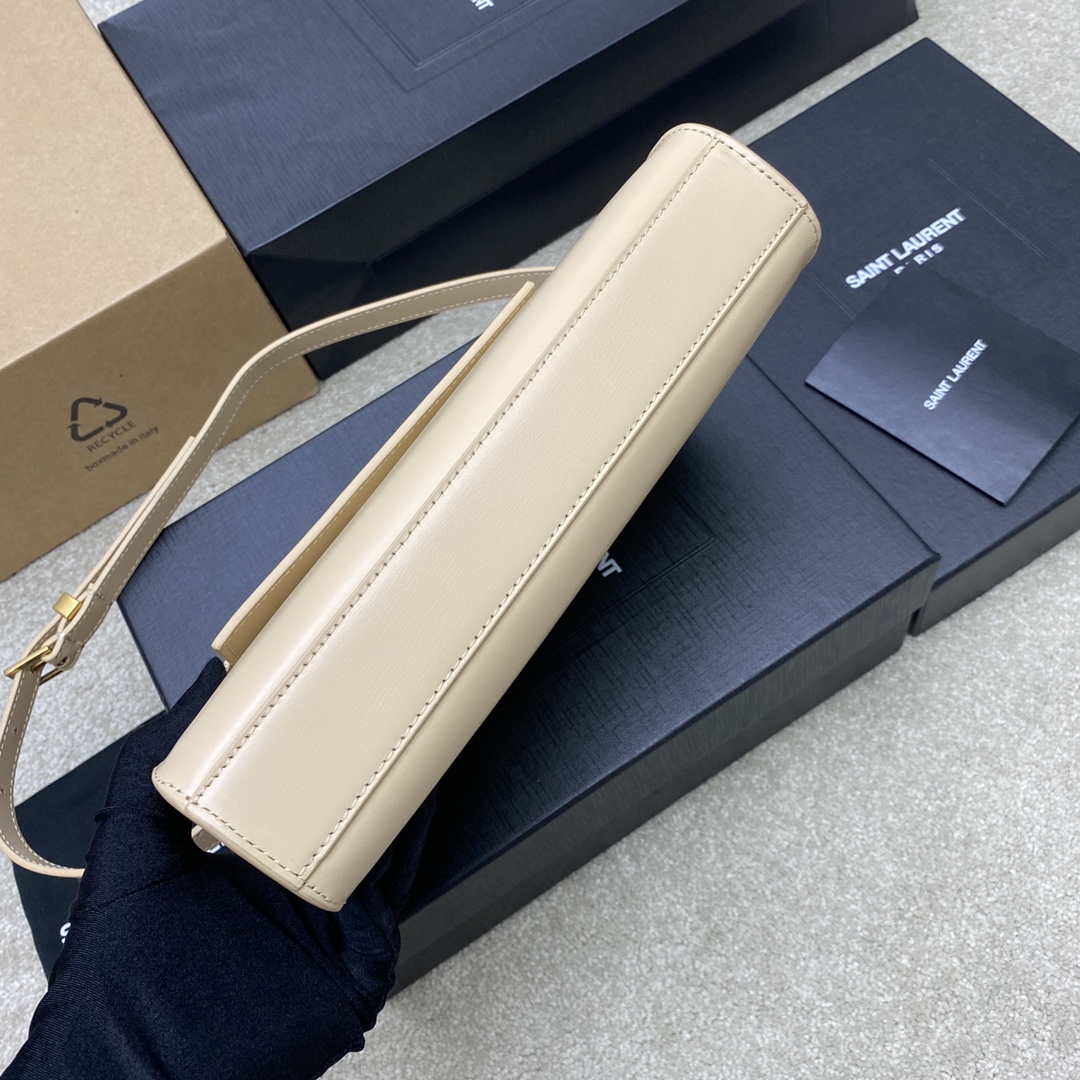 高仿YSL聖羅蘭包包 Manhattan漆皮小型肩背袋 SAINT LAURENT 杏色金扣