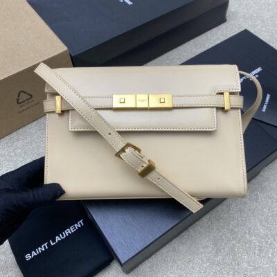 高仿YSL聖羅蘭包包 Manhattan漆皮小型肩背袋 SAINT LAURENT 杏色金扣