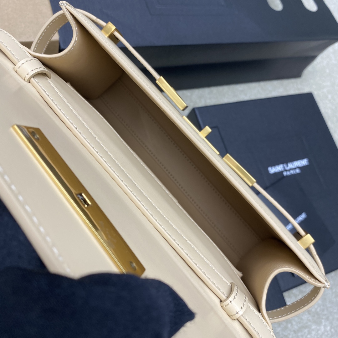 高仿YSL聖羅蘭包包 Manhattan漆皮小型肩背袋 SAINT LAURENT 杏色金扣