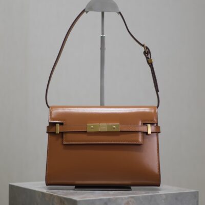 高仿YSL聖羅蘭包包 Manhattan漆皮小型肩背袋 SAINT LAURENT 土黃金扣