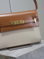 高仿YSL聖羅蘭包包 Manhattan漆皮小型肩背袋 SAINT LAURENT 焦糖牛皮配帆布金扣