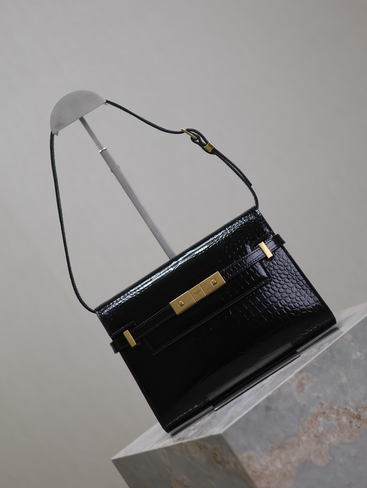 高仿YSL聖羅蘭包包 Manhattan漆皮小型肩背袋 SAINT LAURENT 黑色鱷魚紋