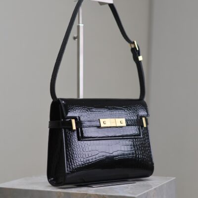 高仿YSL聖羅蘭包包 Manhattan漆皮小型肩背袋 SAINT LAURENT 黑色鱷魚紋