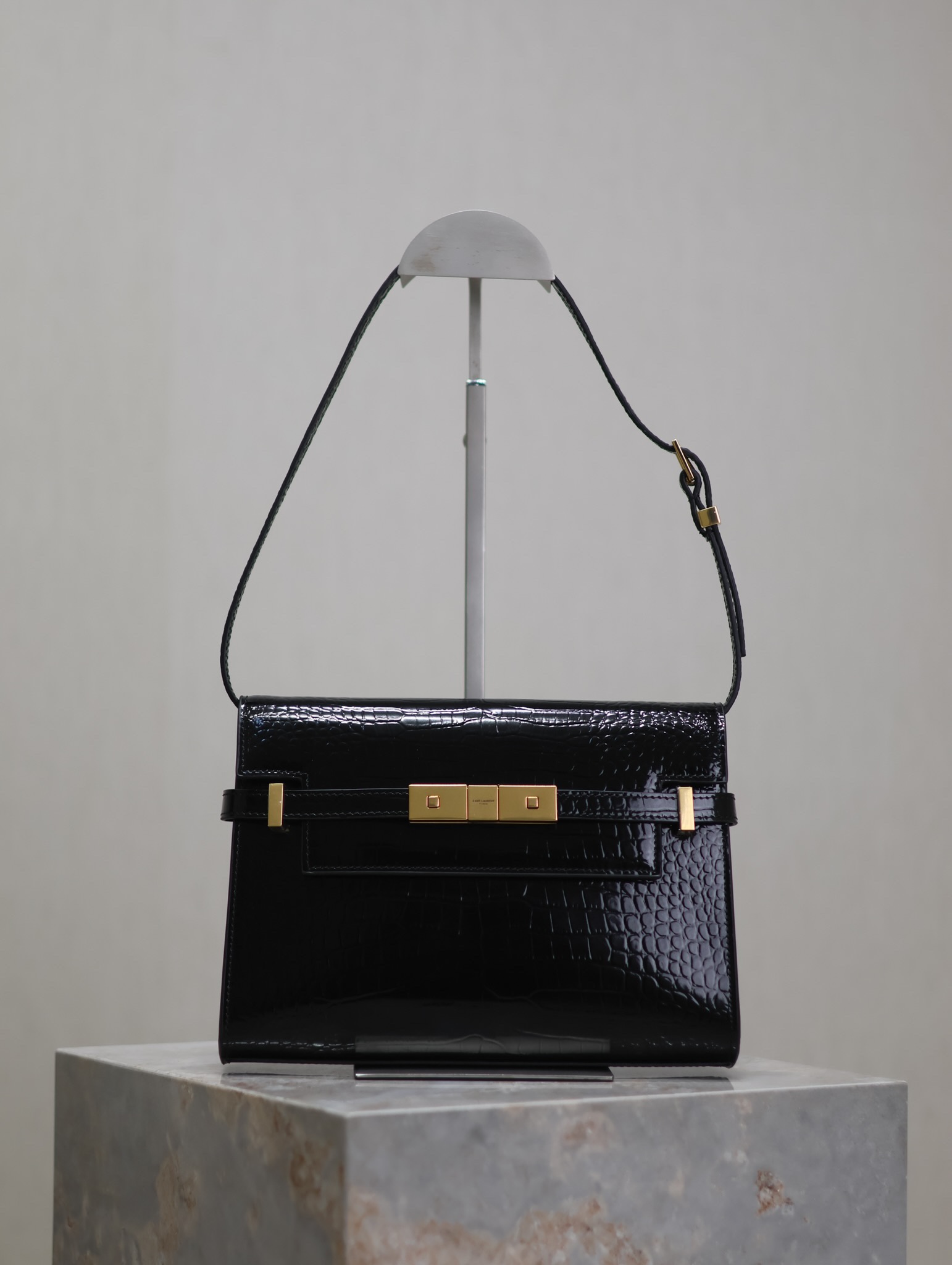 高仿YSL聖羅蘭包包 Manhattan漆皮小型肩背袋 SAINT LAURENT 黑色鱷魚紋