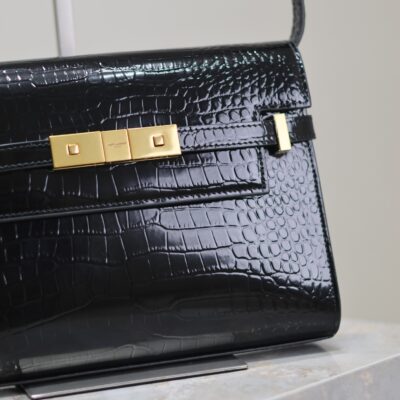 高仿YSL聖羅蘭包包 Manhattan漆皮小型肩背袋 SAINT LAURENT 黑色鱷魚紋