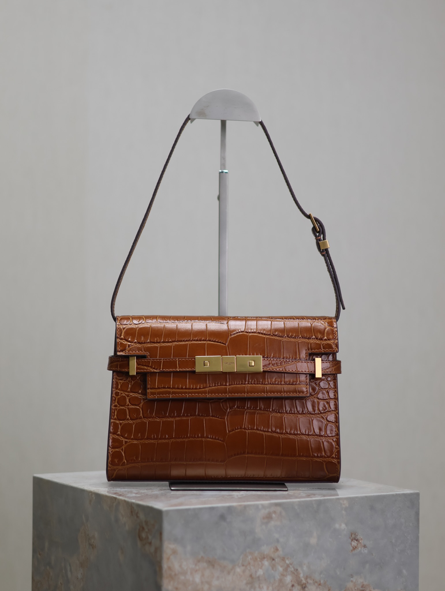 高仿YSL聖羅蘭包包 Manhattan漆皮小型肩背袋 SAINT LAURENT 黃色鱷魚紋
