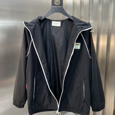 Gucci古驰頂級復刻秋冬新款黑色風衣連帽外套