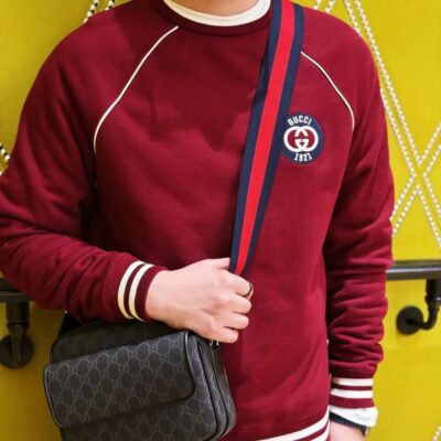 Gucci古驰高仿衣服2024新款雙G字母logo刺繡條紋圓領長袖衛衣