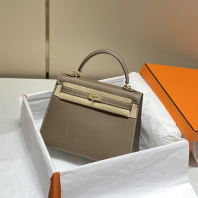 高仿精品Hermes愛馬仕新款大象灰金扣Epsom Kelly手提包25-28cm