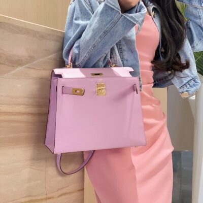 高仿網站Hermes愛馬仕新款錦葵紫金扣Epsom Kelly手提包25-28cm