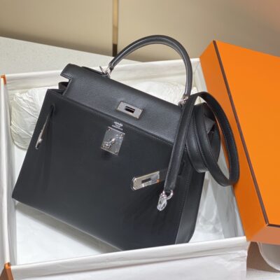 高仿網站Hermes愛馬仕新款黑色銀扣Epsom Kelly手提包25-28cm