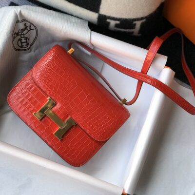 高仿包包Hermes愛馬仕新款大紅色Constance仿真鱷魚皮包包18Cm23Cm