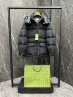 Gucci古驰頂級復刻黑色羽絨尼龍拼接GG帆布中長款羽絨外套