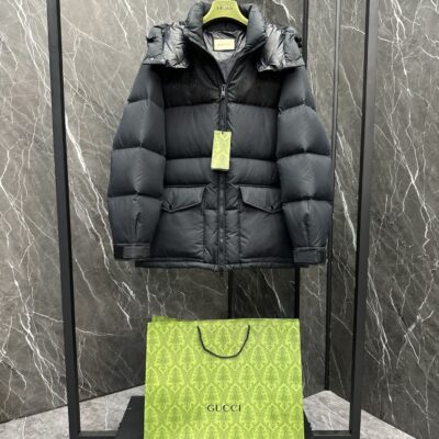 Gucci古驰頂級復刻黑色羽絨尼龍拼接GG帆布中長款羽絨外套
