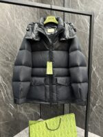 Gucci古驰頂級復刻黑色羽絨尼龍拼接GG帆布中長款羽絨外套