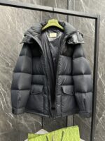 Gucci古驰頂級復刻黑色羽絨尼龍拼接GG帆布中長款羽絨外套