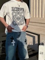 高仿衣服Loewe羅意威時尚白色短袖圓領T恤男女同款