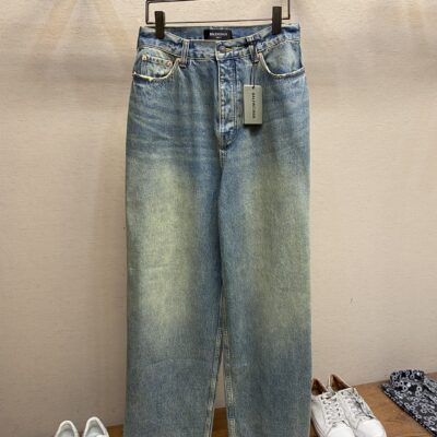 原單Balenciaga巴黎世家新款塗層刷蠟闊腿牛仔褲