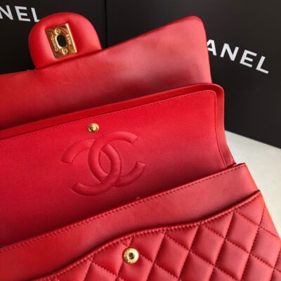 頂級chanel香奈兒 Classic Flap Bag小羊皮大紅金扣口蓋包