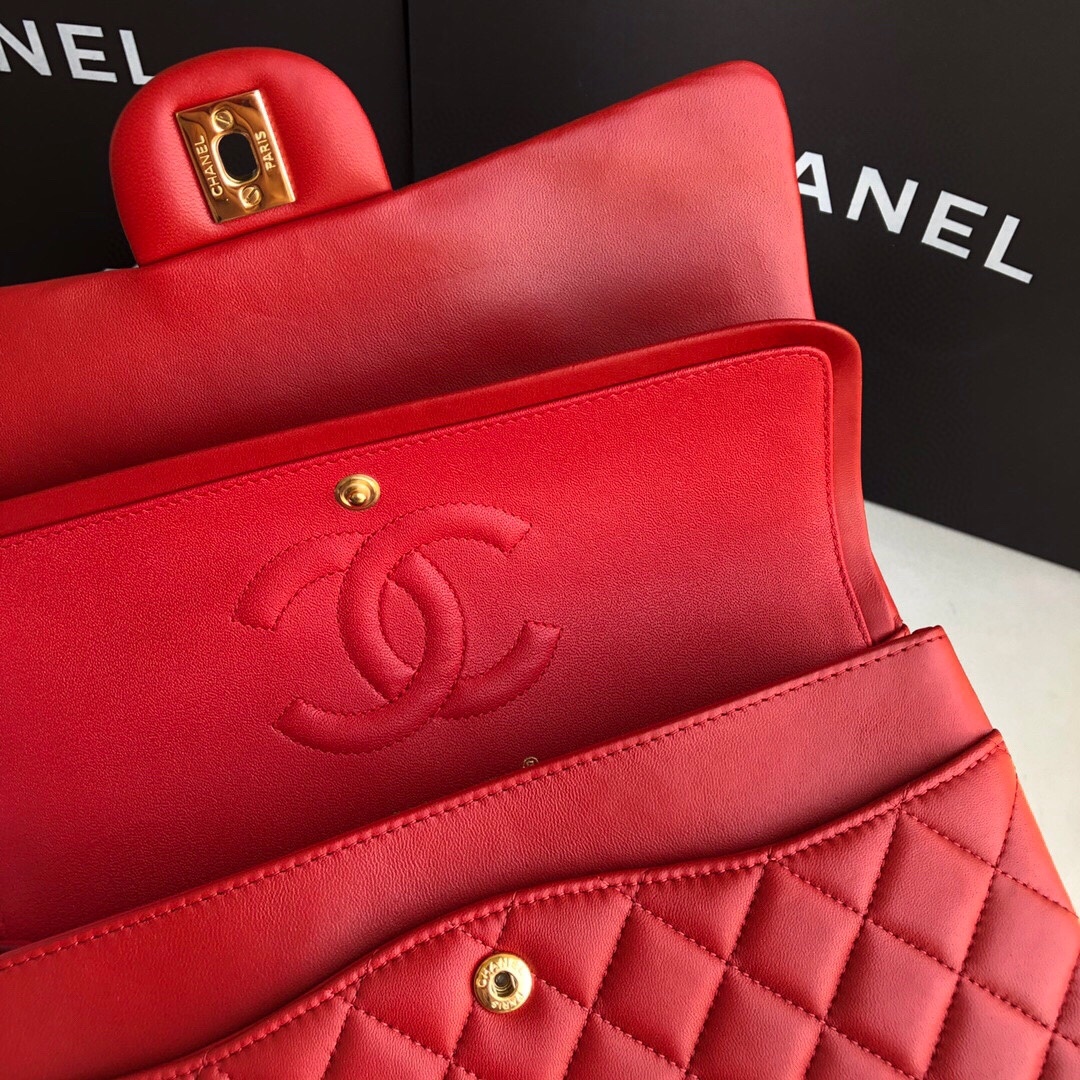 頂級chanel香奈兒 Classic Flap Bag小羊皮大紅金扣口蓋包