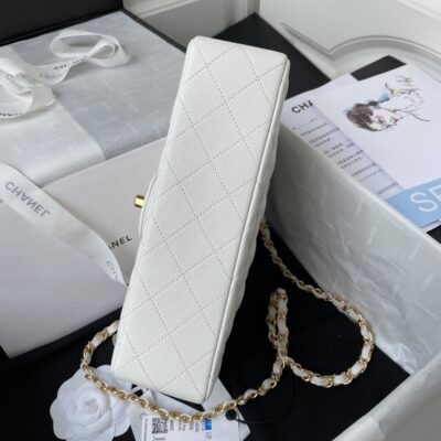 原單chanel香奈兒 Classic Flap Bag白色魚子醬皮紋金扣口蓋包A01113