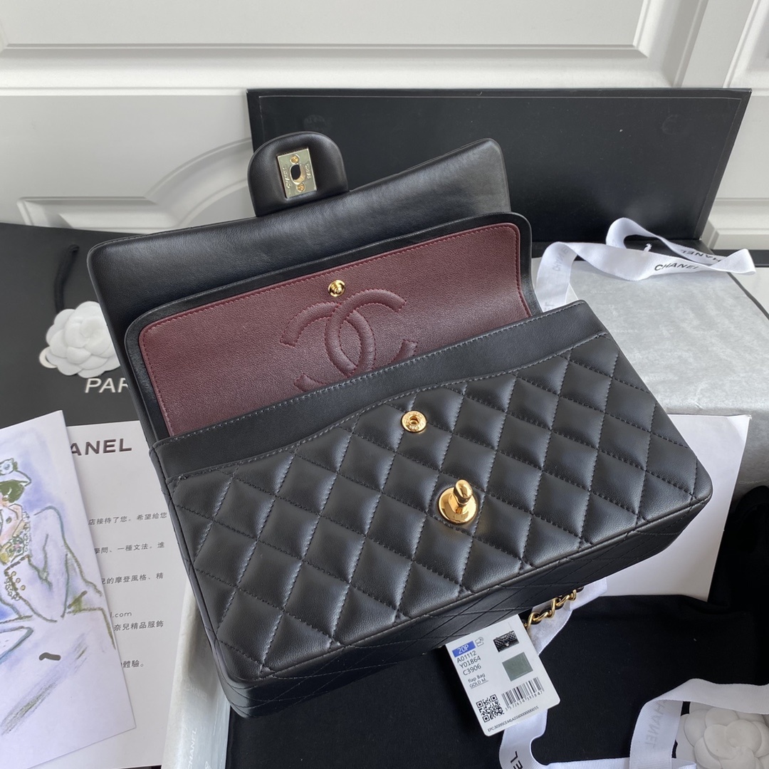 頂級chanel香奈兒Classic Flap Bag 黑色金扣斜挎包A01112