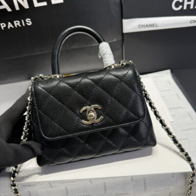 高品質Chanel香奈兒黑色mini coco handle nano魚子醬皮紋手提挎包