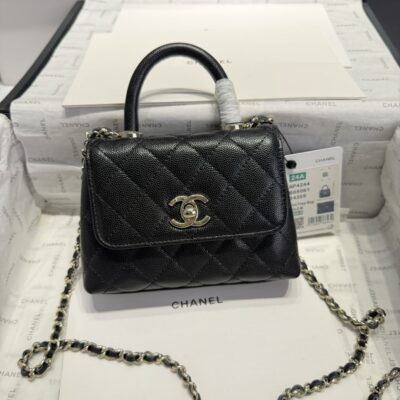 高品質Chanel香奈兒黑色mini coco handle nano魚子醬皮紋手提挎包