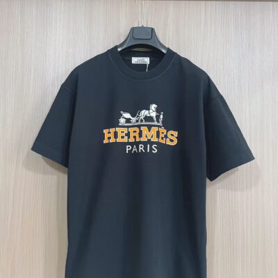 頂級Hermes愛馬仕新款壓膠工藝黑色短袖T恤