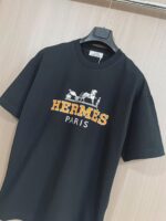 頂級Hermes愛馬仕新款壓膠工藝黑色短袖T恤