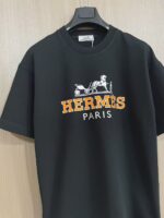 頂級Hermes愛馬仕新款壓膠工藝黑色短袖T恤