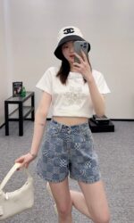 A貨LV2025新品女款提花格紋牛仔短褲