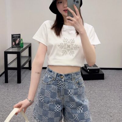 A貨LV2025新品女款提花格紋牛仔短褲