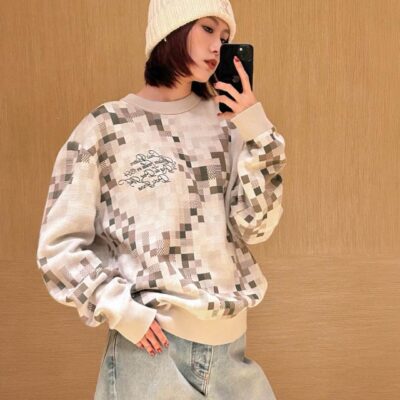原單LV新品2025新款女士迷彩棋盤格子賽克針織毛衣