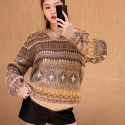 原單LV新品2025新款女士提花馬海毛針織上衣
