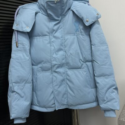 頂級AMI Pairs愛心logo麵包短款純色連帽寬鬆藍色羽絨服男女